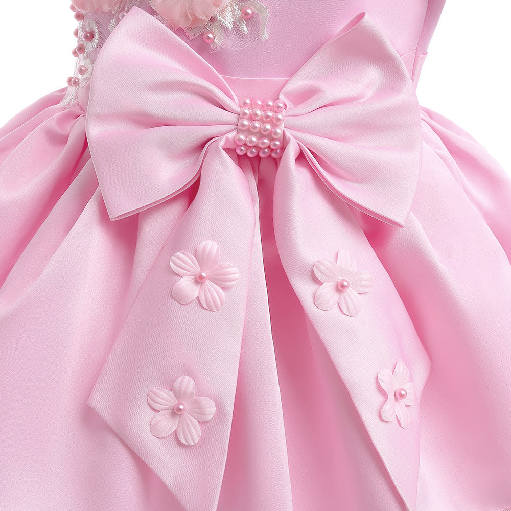 Light Pink Princess A-Line Embroidered Flower Girl Dress – Tea Length Satin Dress for Weddings & Parties