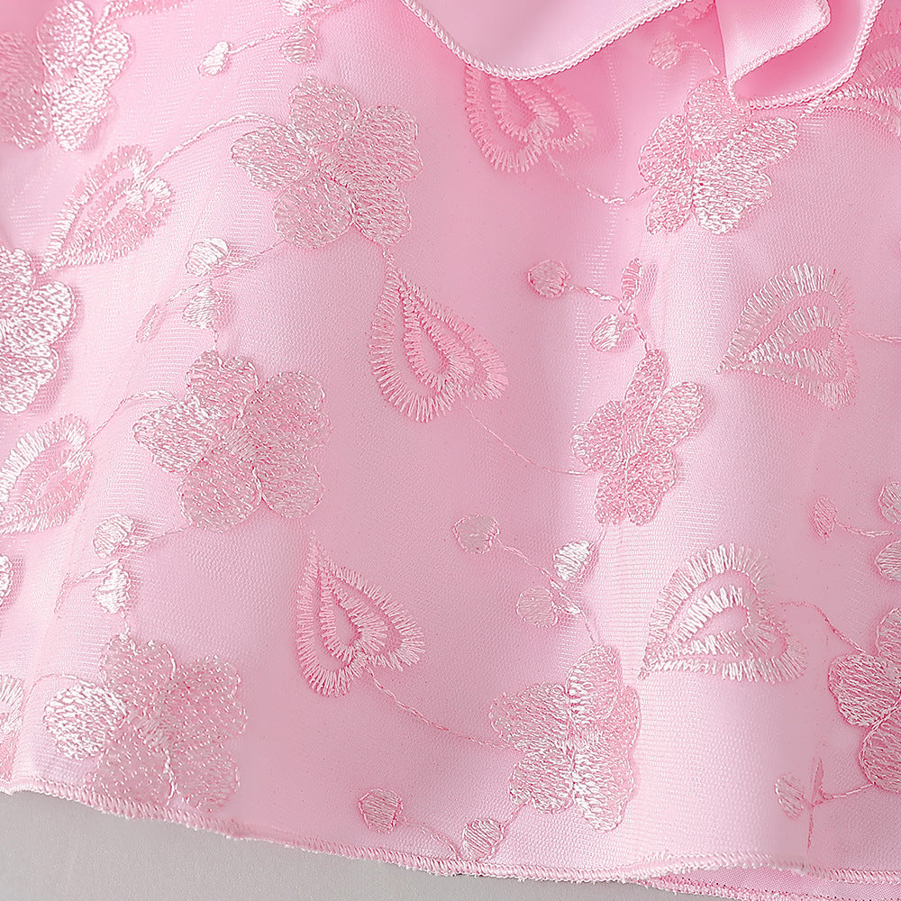 Light Pink Princess A-Line Embroidered Flower Girl Dress – Tea Length Satin Dress for Weddings & Parties
