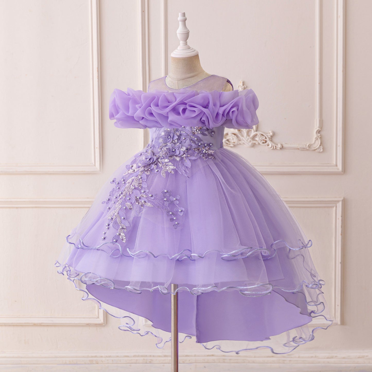 Puffy High-Low Princess Dress for Girls | Off Shoulder Mesh Gown Ages 3-12