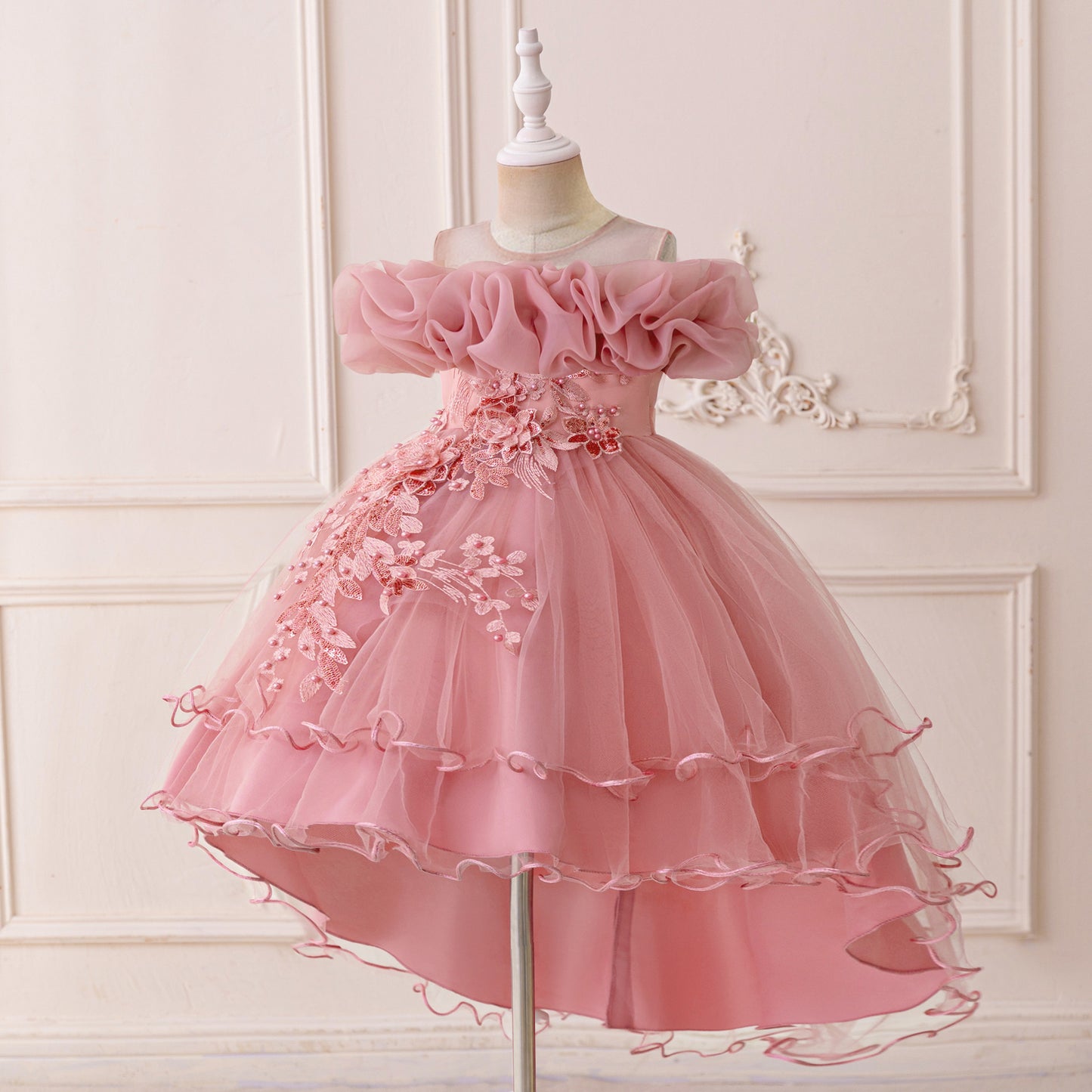 Puffy High-Low Princess Dress for Girls | Off Shoulder Mesh Gown Ages 3-12