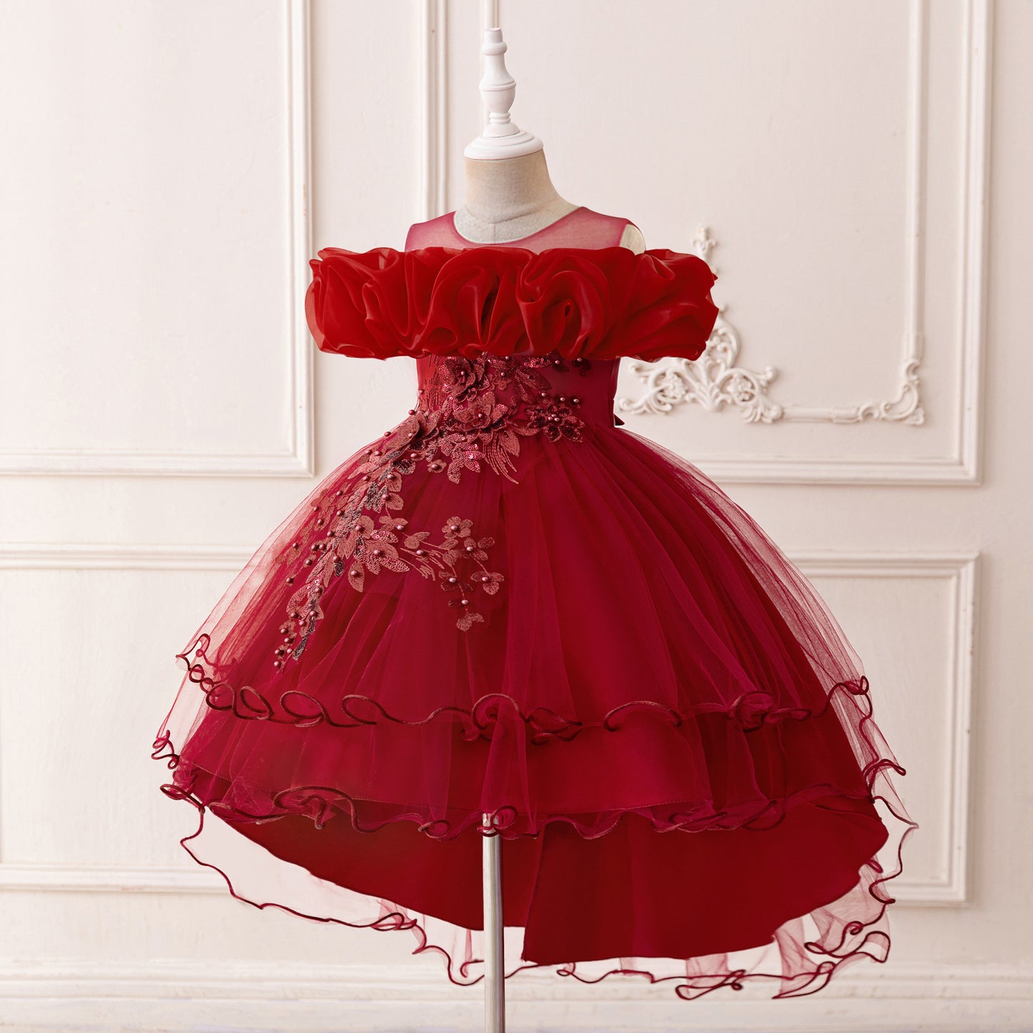 Puffy High-Low Princess Dress for Girls | Off Shoulder Mesh Gown Ages 3-12