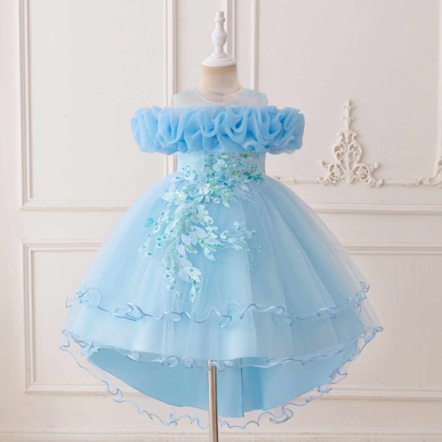 Puffy High-Low Princess Dress for Girls | Off Shoulder Mesh Gown Ages 3-12