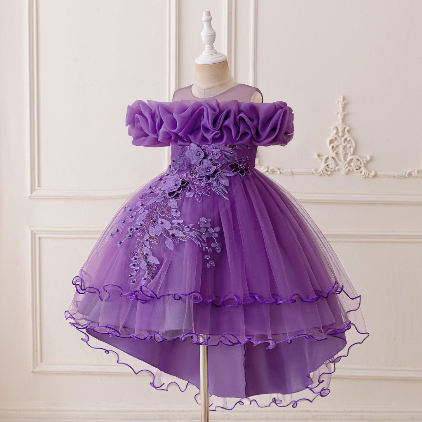 Puffy High-Low Princess Dress for Girls | Off Shoulder Mesh Gown Ages 3-12