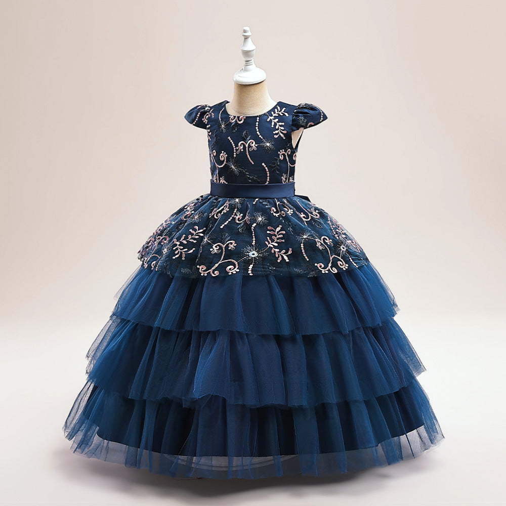Cute Puffy Maxi Flower Girl Dress with Embroidery & Sequins – Flutter Sleeve Ball Gown for Girls