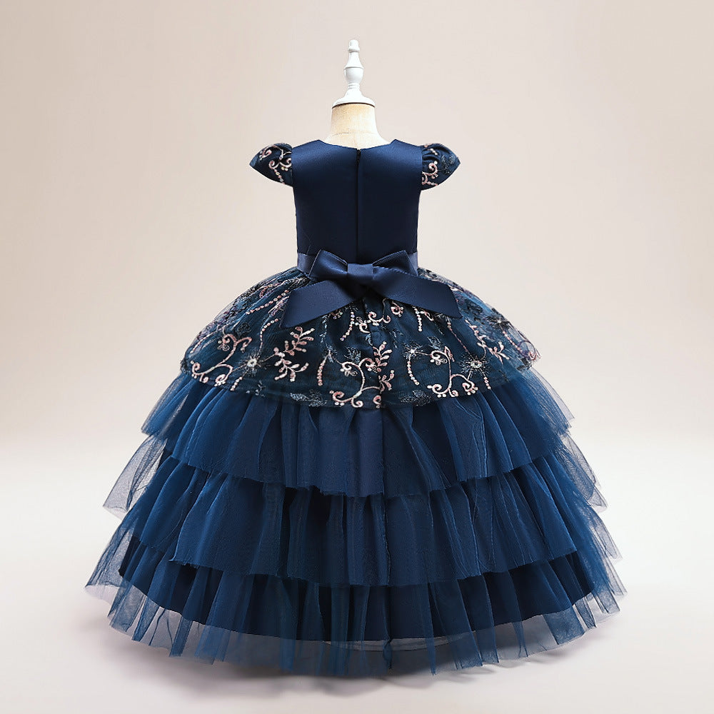 Cute Puffy Maxi Flower Girl Dress with Embroidery & Sequins – Flutter Sleeve Ball Gown for Girls