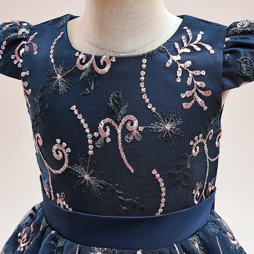 Cute Puffy Maxi Flower Girl Dress with Embroidery & Sequins – Flutter Sleeve Ball Gown for Girls