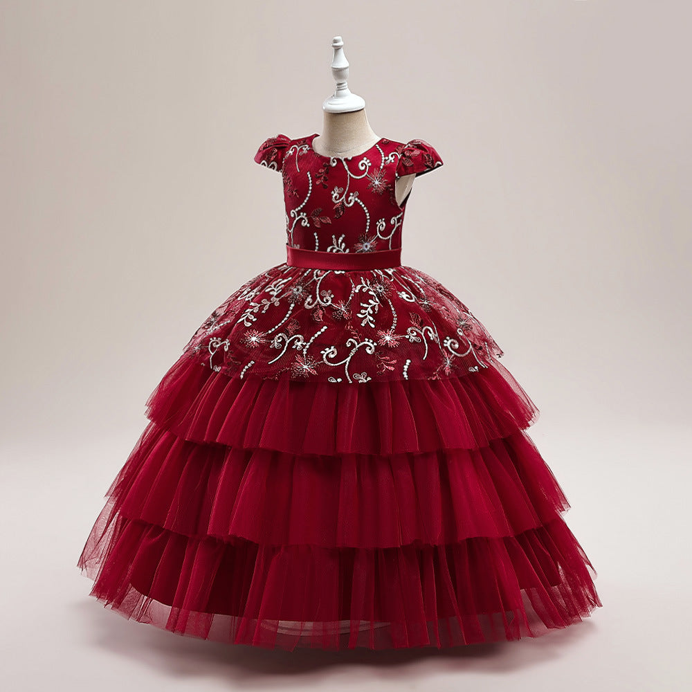 Cute Puffy Maxi Flower Girl Dress with Embroidery & Sequins – Flutter Sleeve Ball Gown for Girls