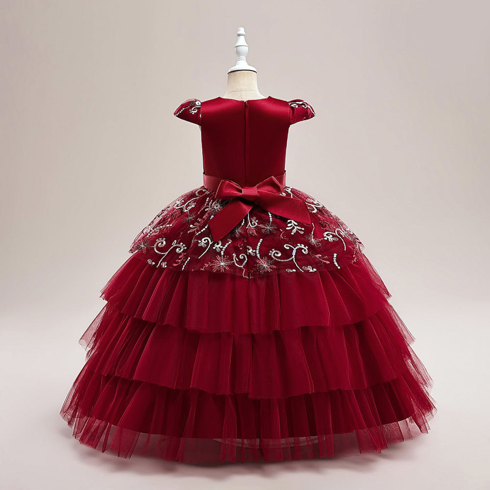 Cute Puffy Maxi Flower Girl Dress with Embroidery & Sequins – Flutter Sleeve Ball Gown for Girls