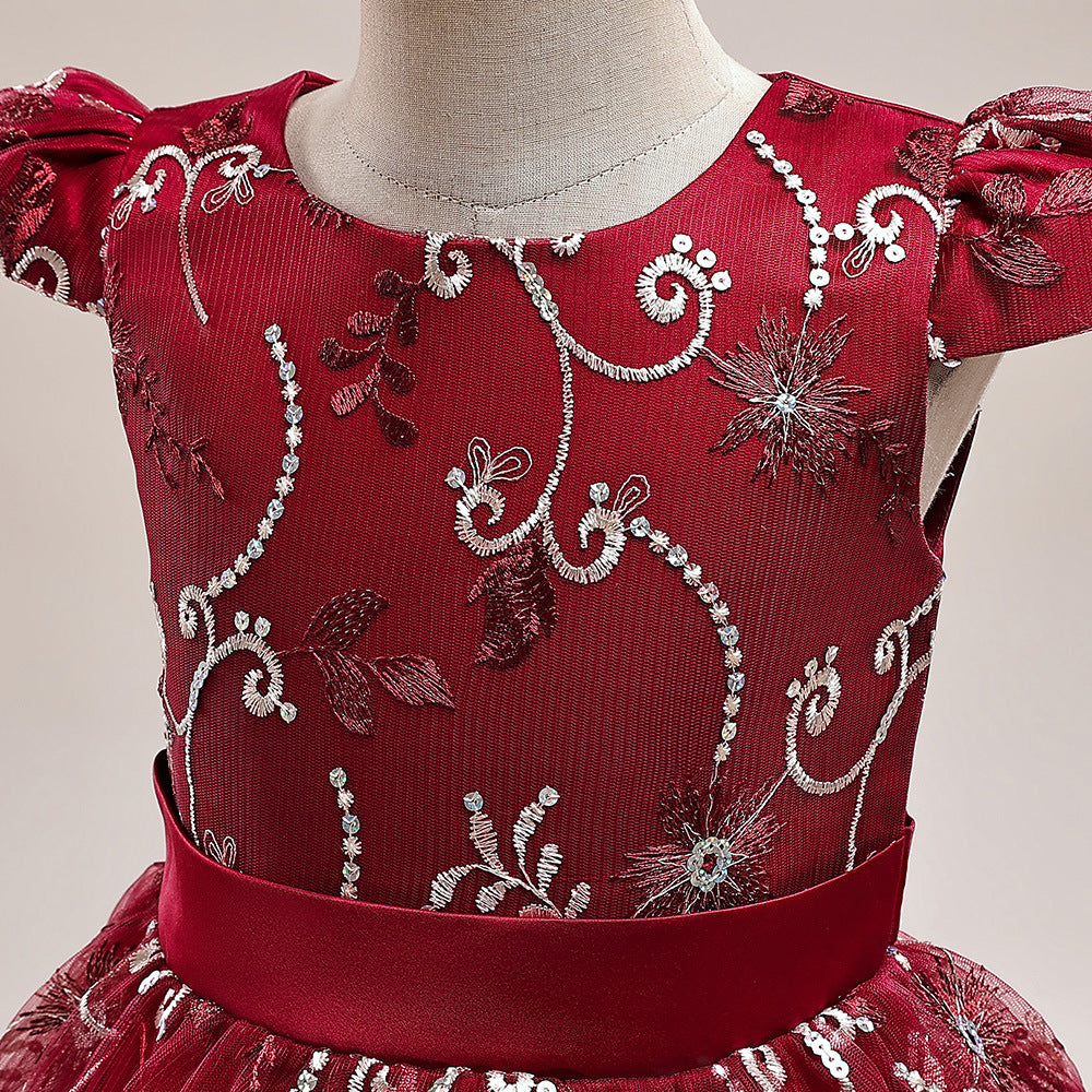 Cute Puffy Maxi Flower Girl Dress with Embroidery & Sequins – Flutter Sleeve Ball Gown for Girls