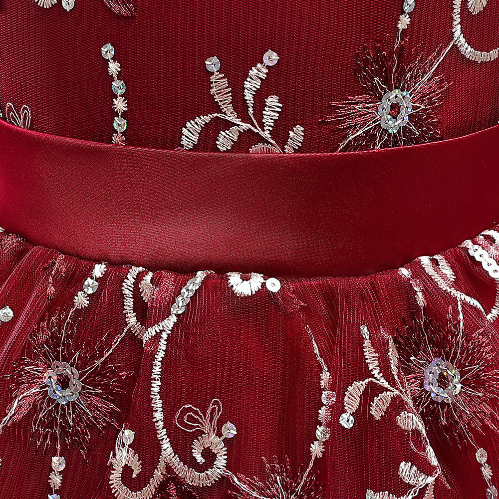 Cute Puffy Maxi Flower Girl Dress with Embroidery & Sequins – Flutter Sleeve Ball Gown for Girls