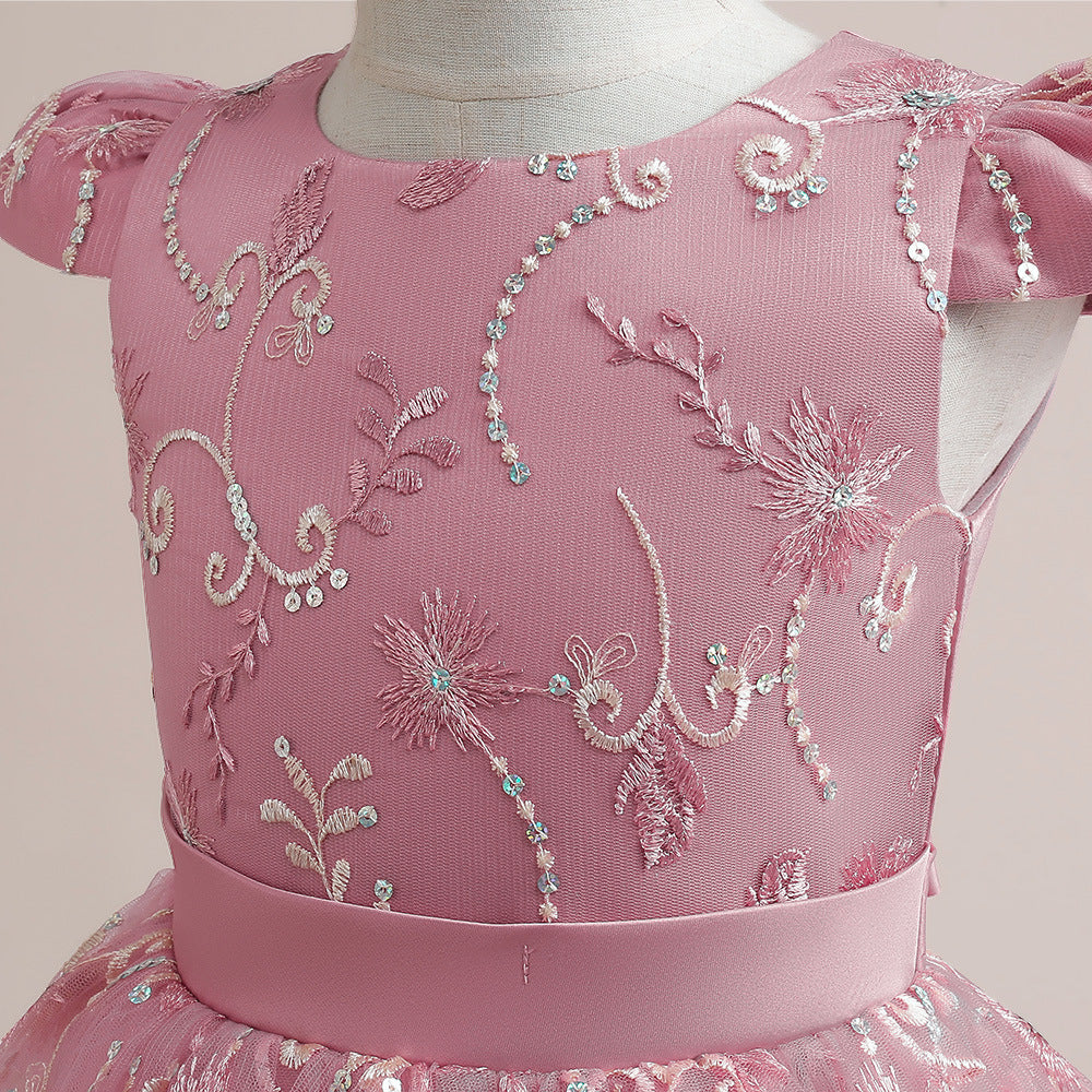 Cute Puffy Maxi Flower Girl Dress with Embroidery & Sequins – Flutter Sleeve Ball Gown for Girls