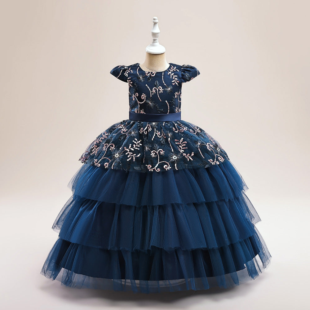 Cute Puffy Maxi Flower Girl Dress with Embroidery & Sequins – Flutter Sleeve Ball Gown for Girls