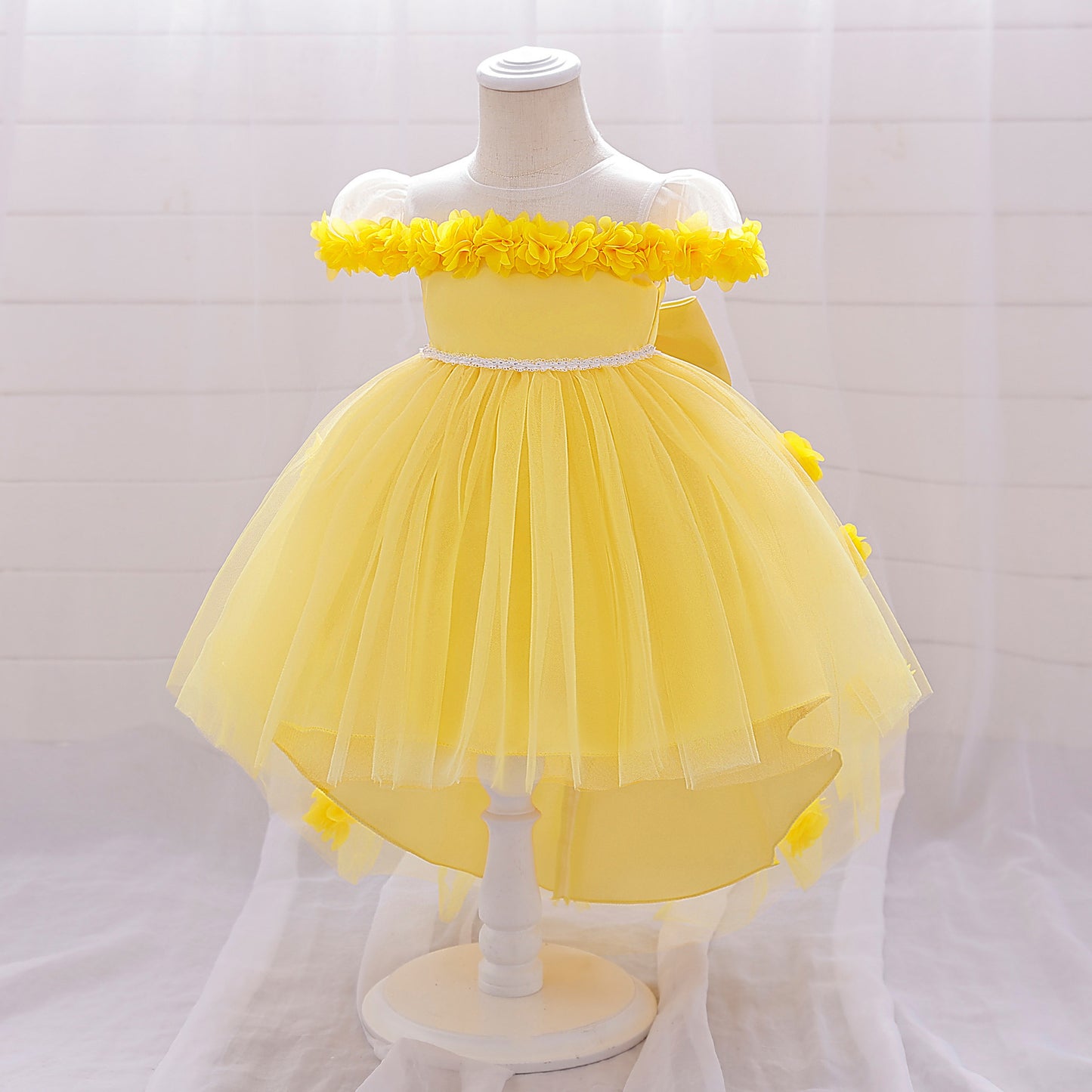 Puffy Off-Shoulder Princess Dress for Girls | High-Low Mesh Flower Girl Gown