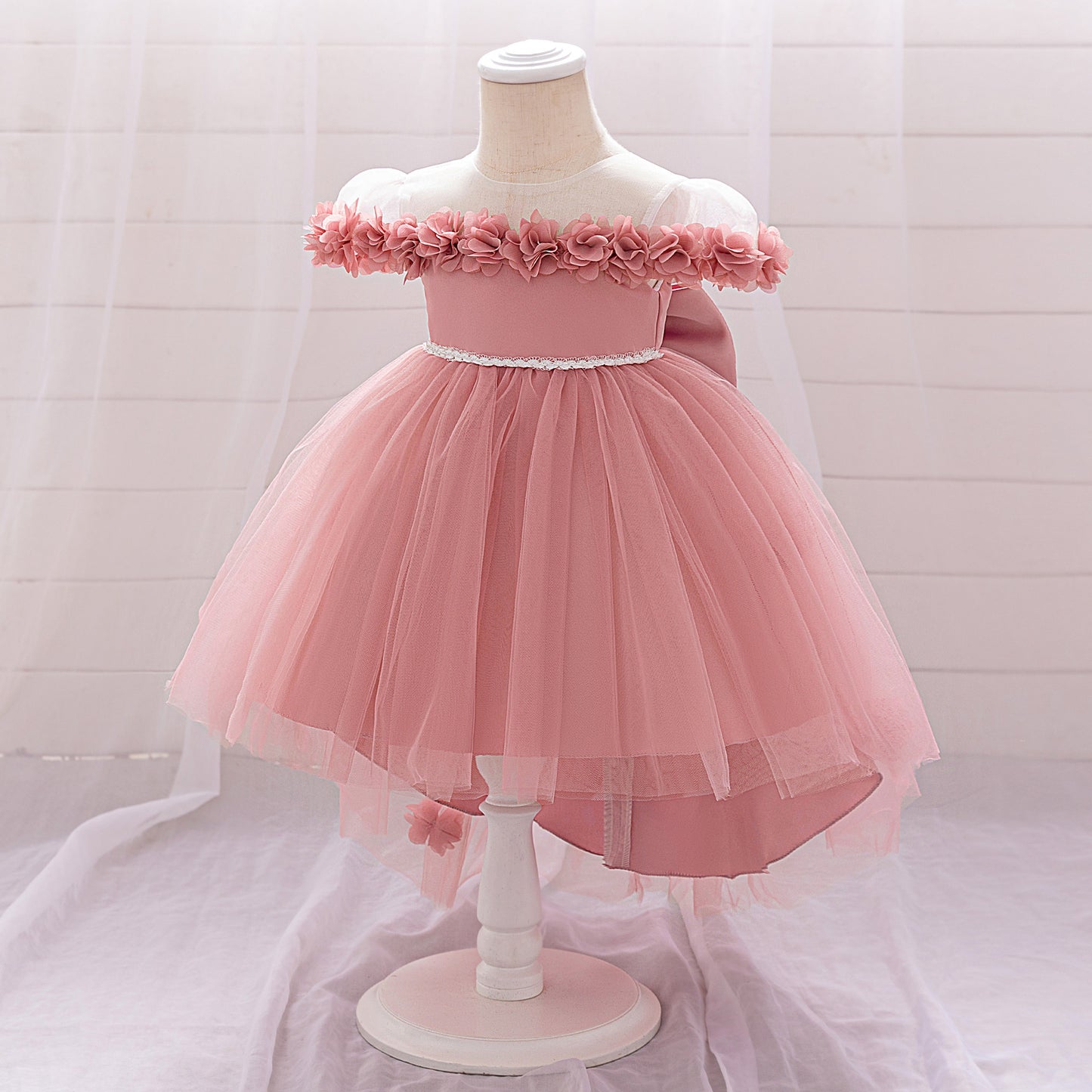 Puffy Off-Shoulder Princess Dress for Girls | High-Low Mesh Flower Girl Gown