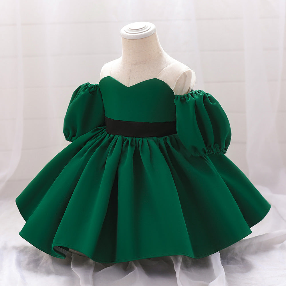 Puffy Off-Shoulder Satin Baby Girl Dress with Ruffles for Parties & Special Events
