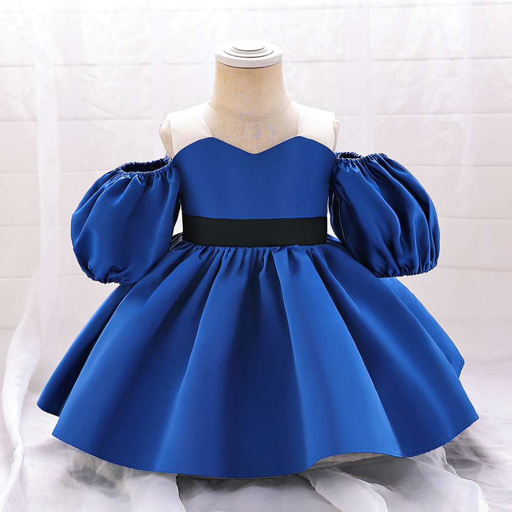 Puffy Off-Shoulder Satin Baby Girl Dress with Ruffles for Parties & Special Events