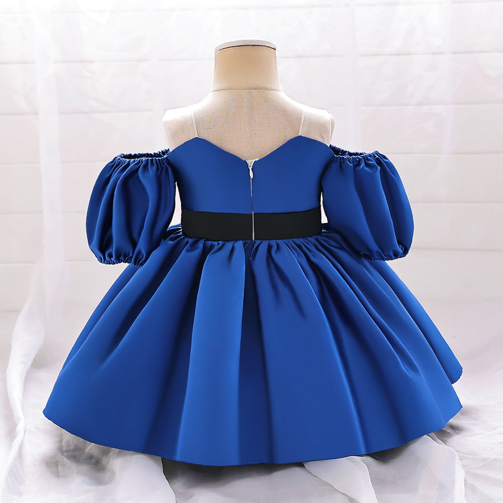 Puffy Off-Shoulder Satin Baby Girl Dress with Ruffles for Parties & Special Events