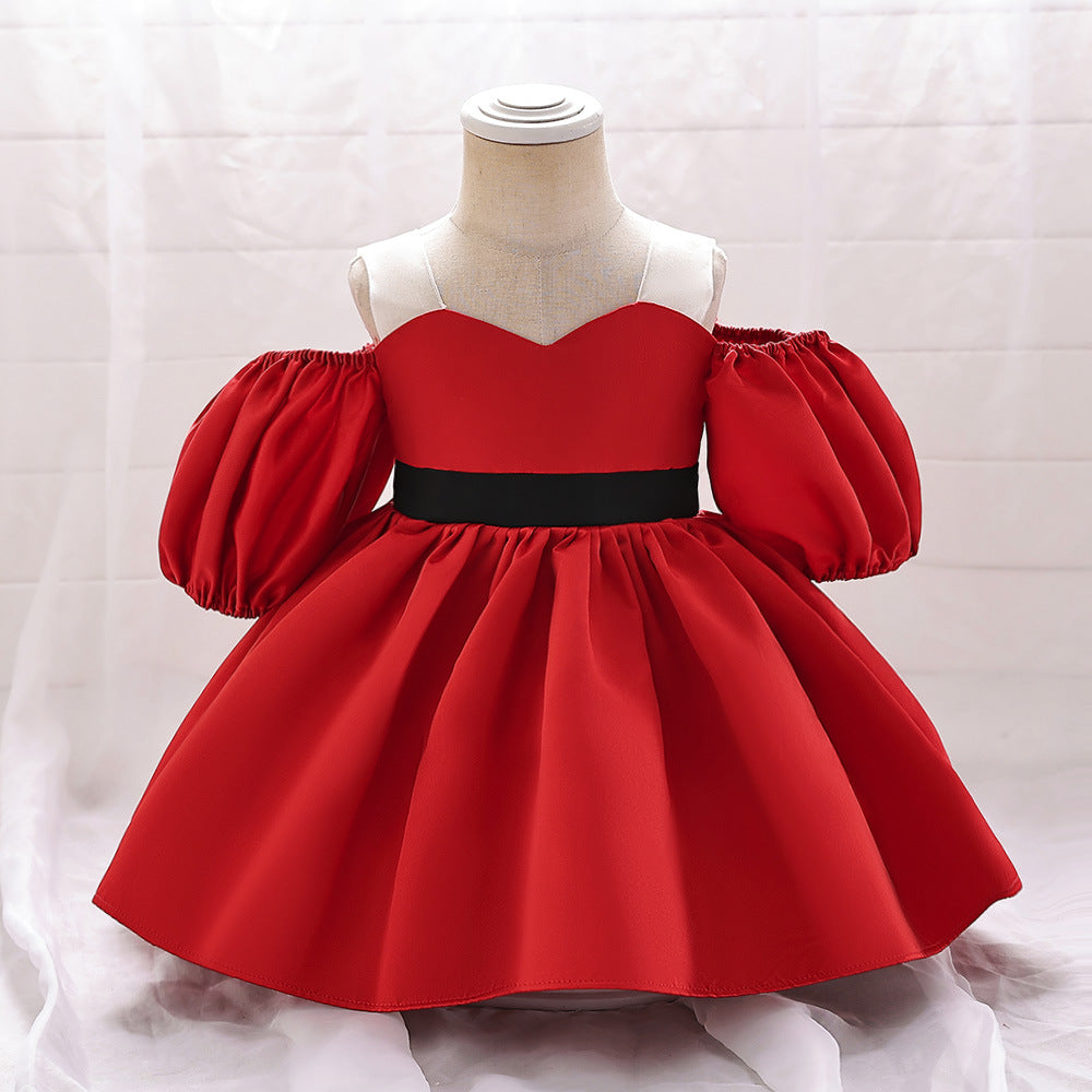 Puffy Off-Shoulder Satin Baby Girl Dress with Ruffles for Parties & Special Events