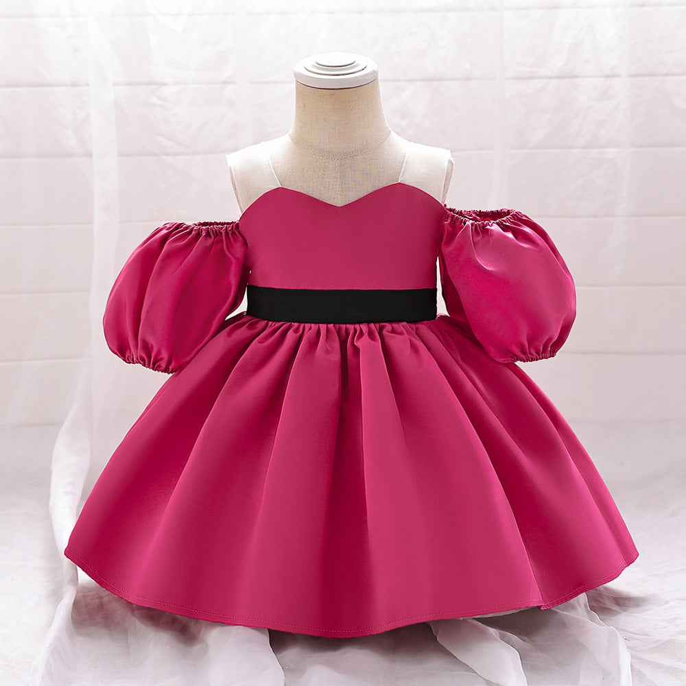 Puffy Off-Shoulder Satin Baby Girl Dress with Ruffles for Parties & Special Events