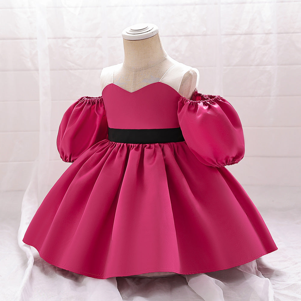 Puffy Off-Shoulder Satin Baby Girl Dress with Ruffles for Parties & Special Events