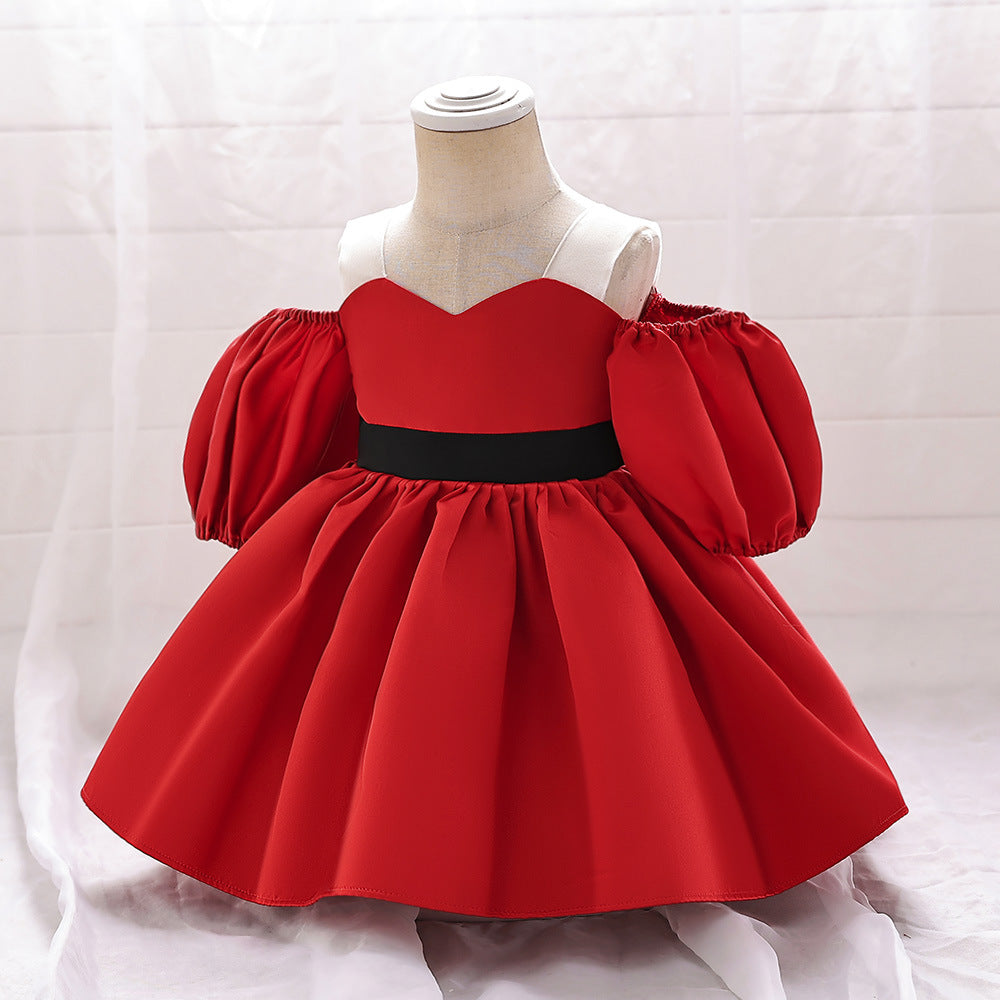 Puffy Off-Shoulder Satin Baby Girl Dress with Ruffles for Parties & Special Events
