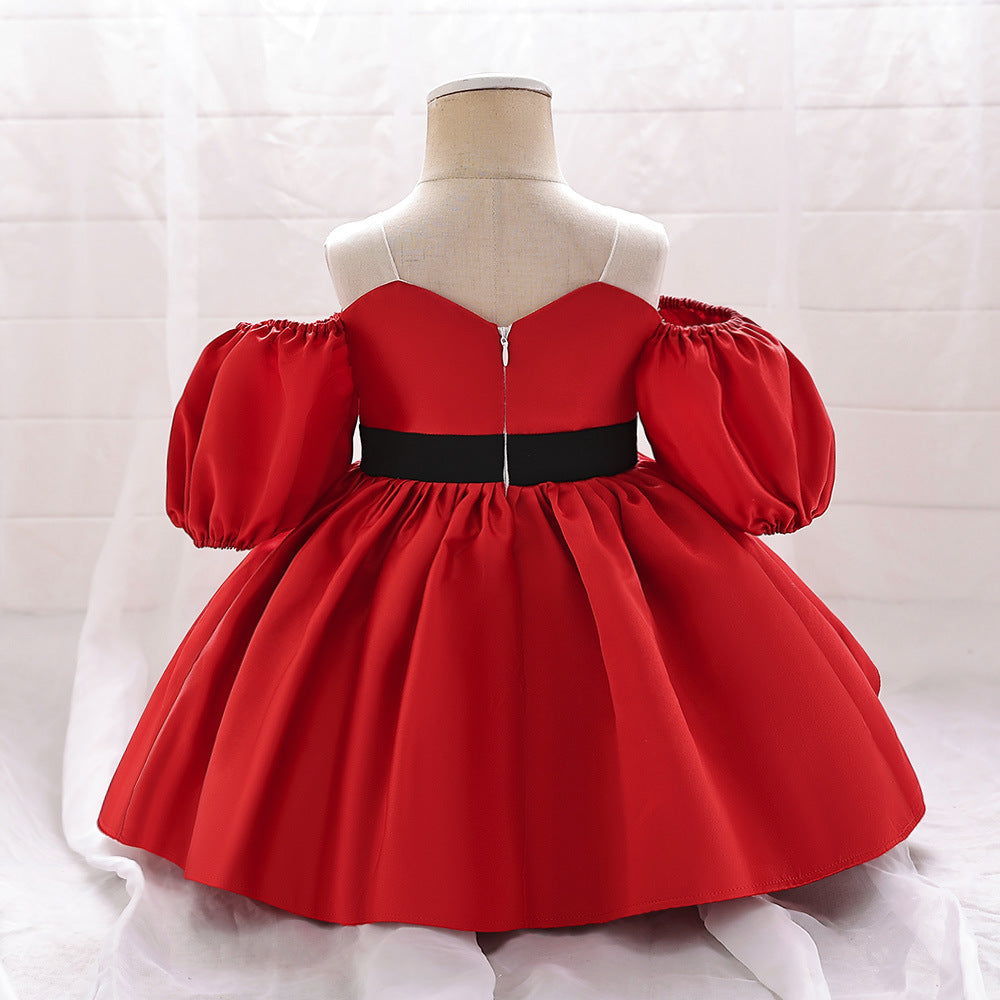Puffy Off-Shoulder Satin Baby Girl Dress with Ruffles for Parties & Special Events
