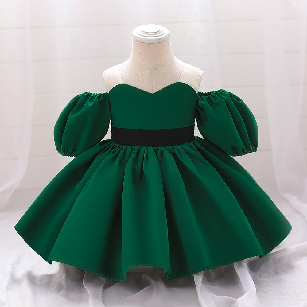 Puffy Off-Shoulder Satin Baby Girl Dress with Ruffles for Parties & Special Events