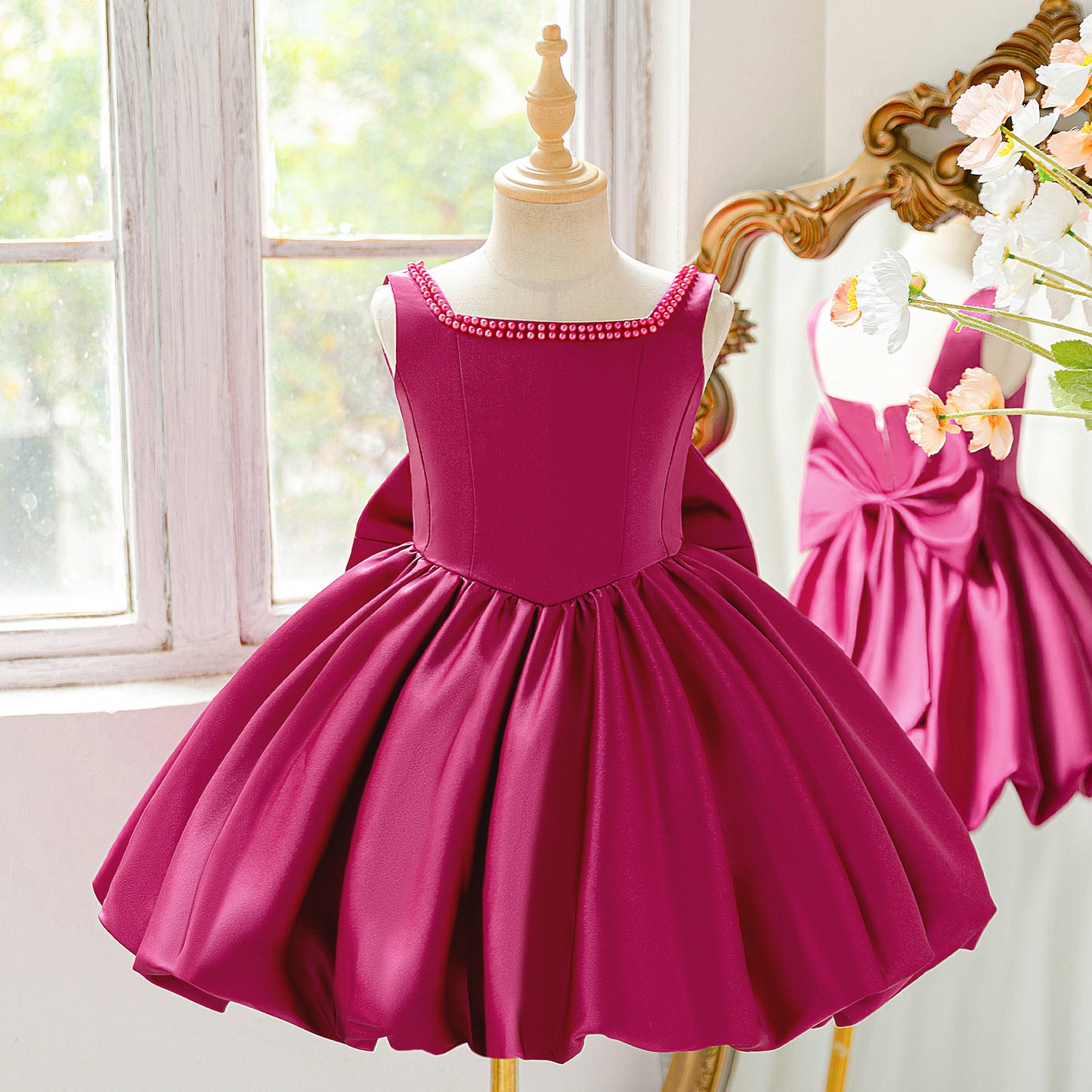 Puffy Bowknot Satin Flower Girl Dress – Princess Ball Gown for Kids