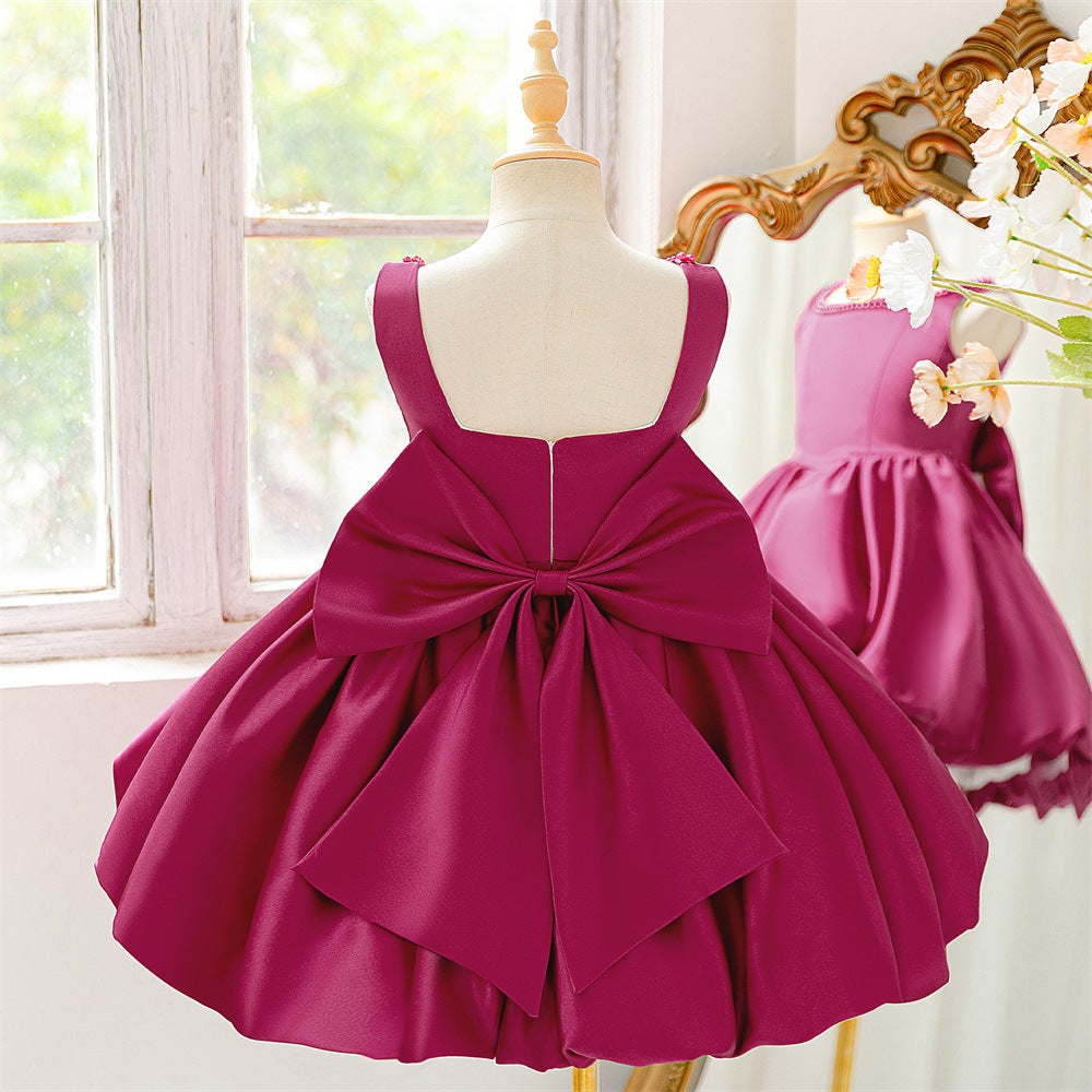 Puffy Bowknot Satin Flower Girl Dress – Princess Ball Gown for Kids
