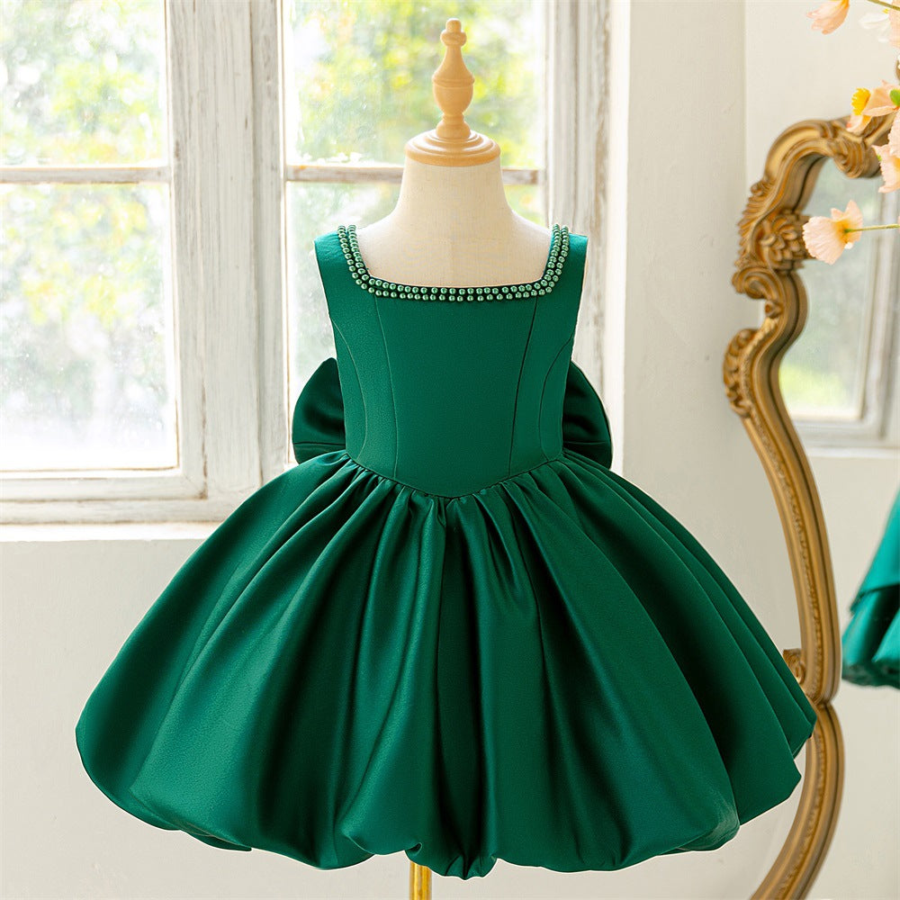 Puffy Bowknot Satin Flower Girl Dress – Princess Ball Gown for Kids