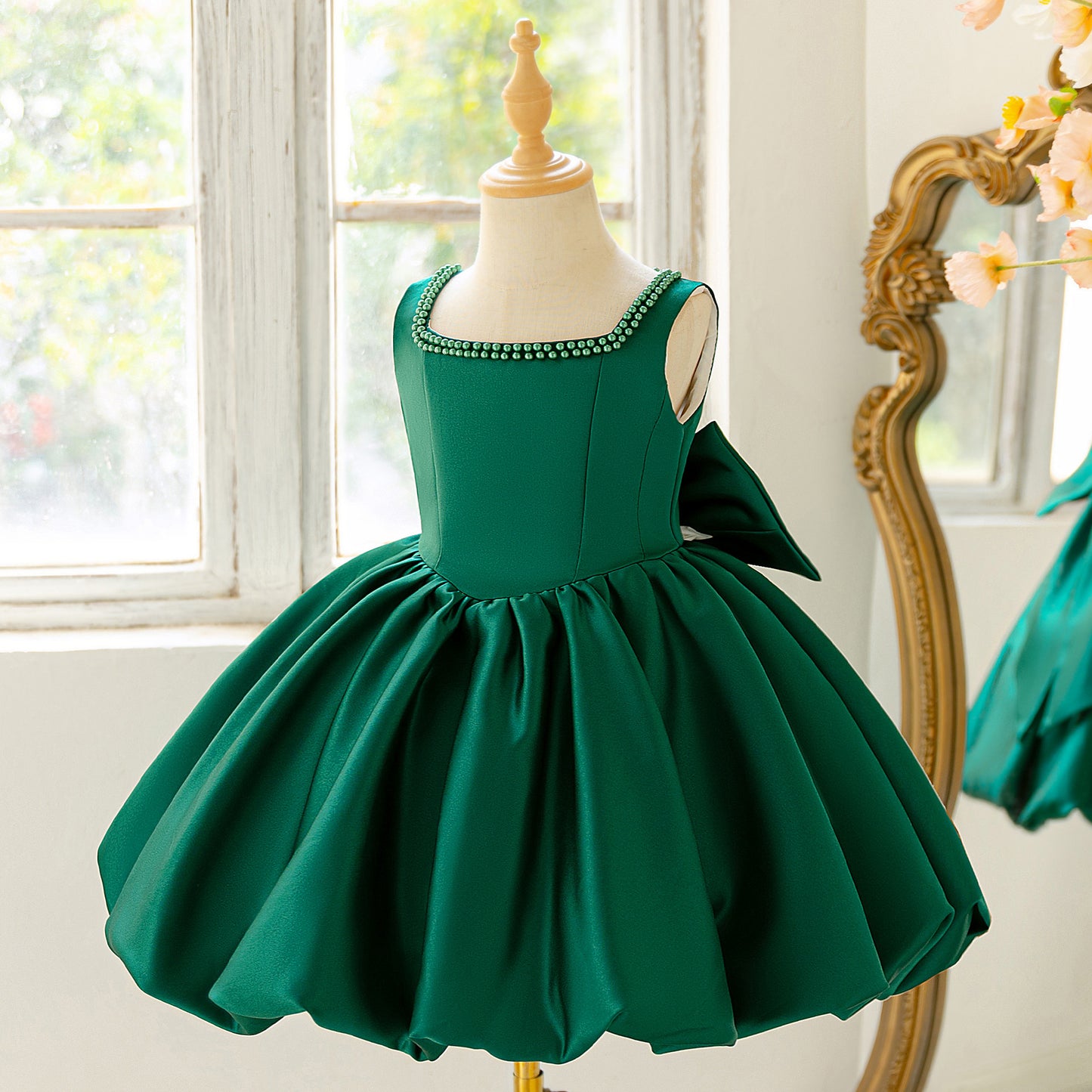 Puffy Bowknot Satin Flower Girl Dress – Princess Ball Gown for Kids