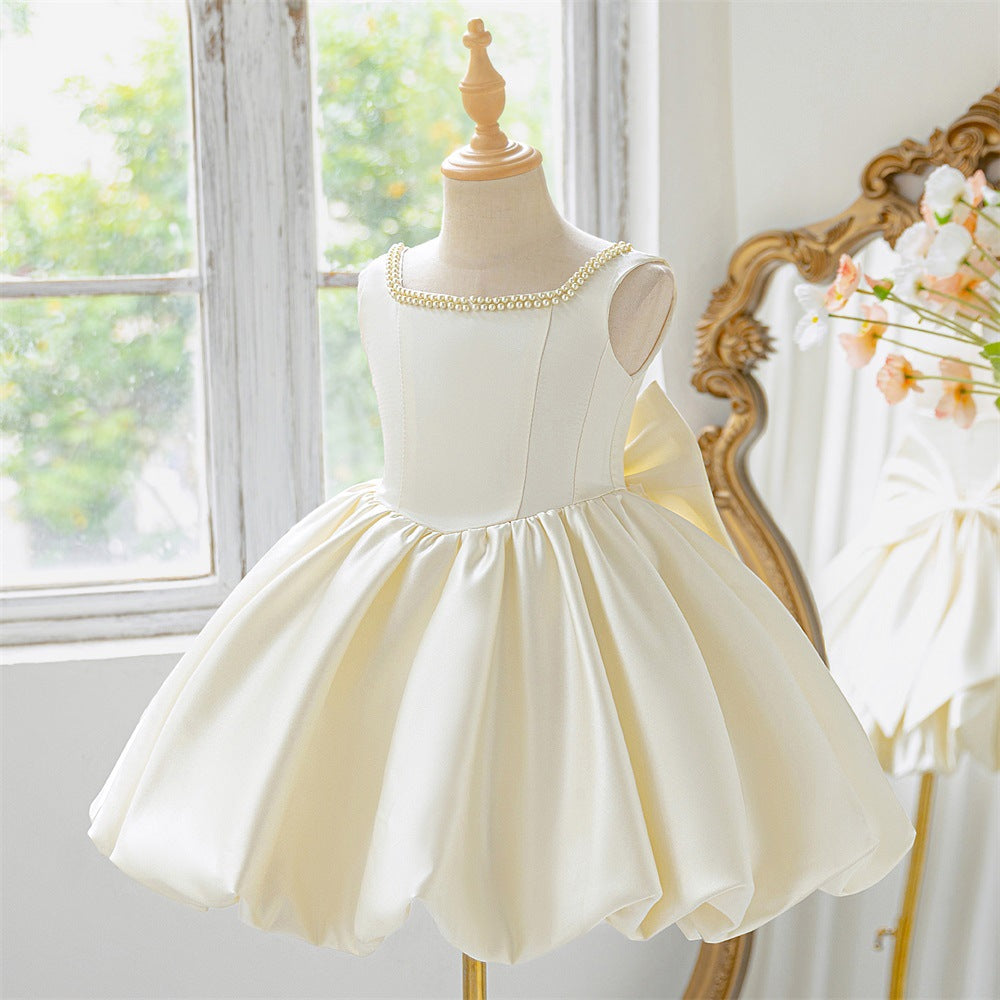 Puffy Bowknot Satin Flower Girl Dress – Princess Ball Gown for Kids
