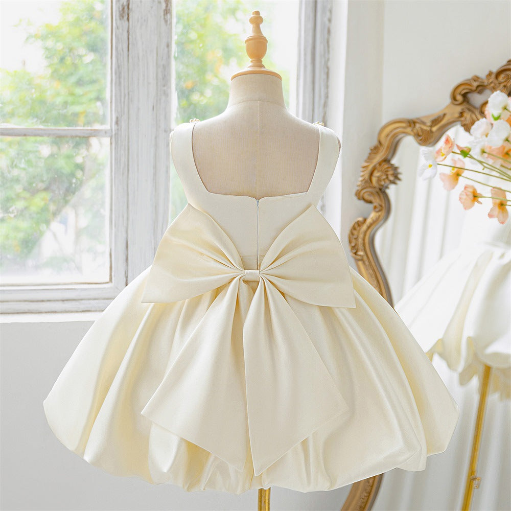 Puffy Bowknot Satin Flower Girl Dress – Princess Ball Gown for Kids