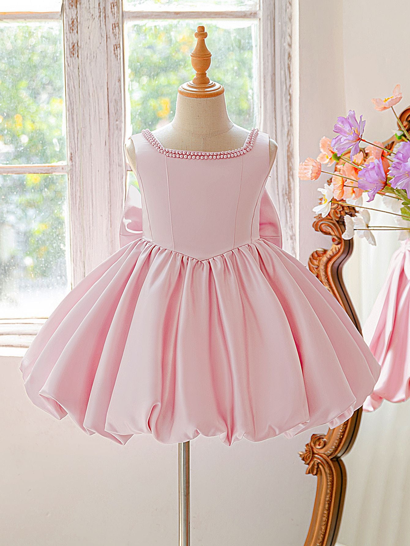 Puffy Bowknot Satin Flower Girl Dress – Princess Ball Gown for Kids