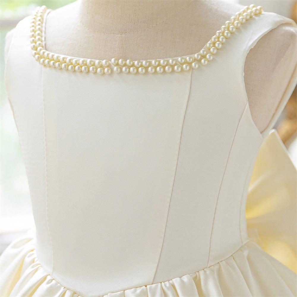 Puffy Bowknot Satin Flower Girl Dress – Princess Ball Gown for Kids