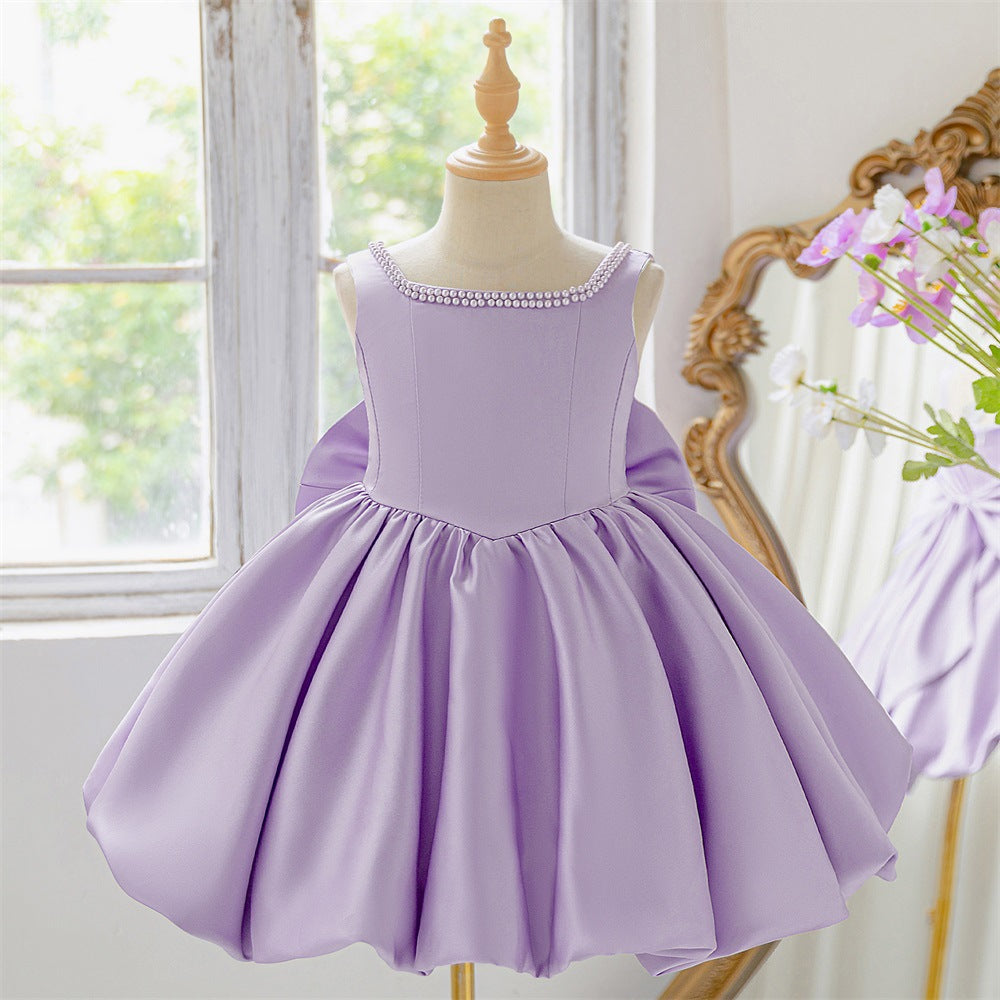 Puffy Bowknot Satin Flower Girl Dress – Princess Ball Gown for Kids