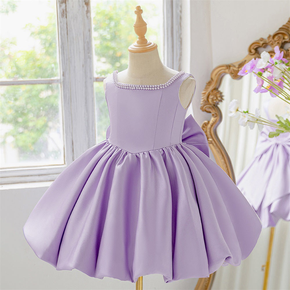 Puffy Bowknot Satin Flower Girl Dress – Princess Ball Gown for Kids