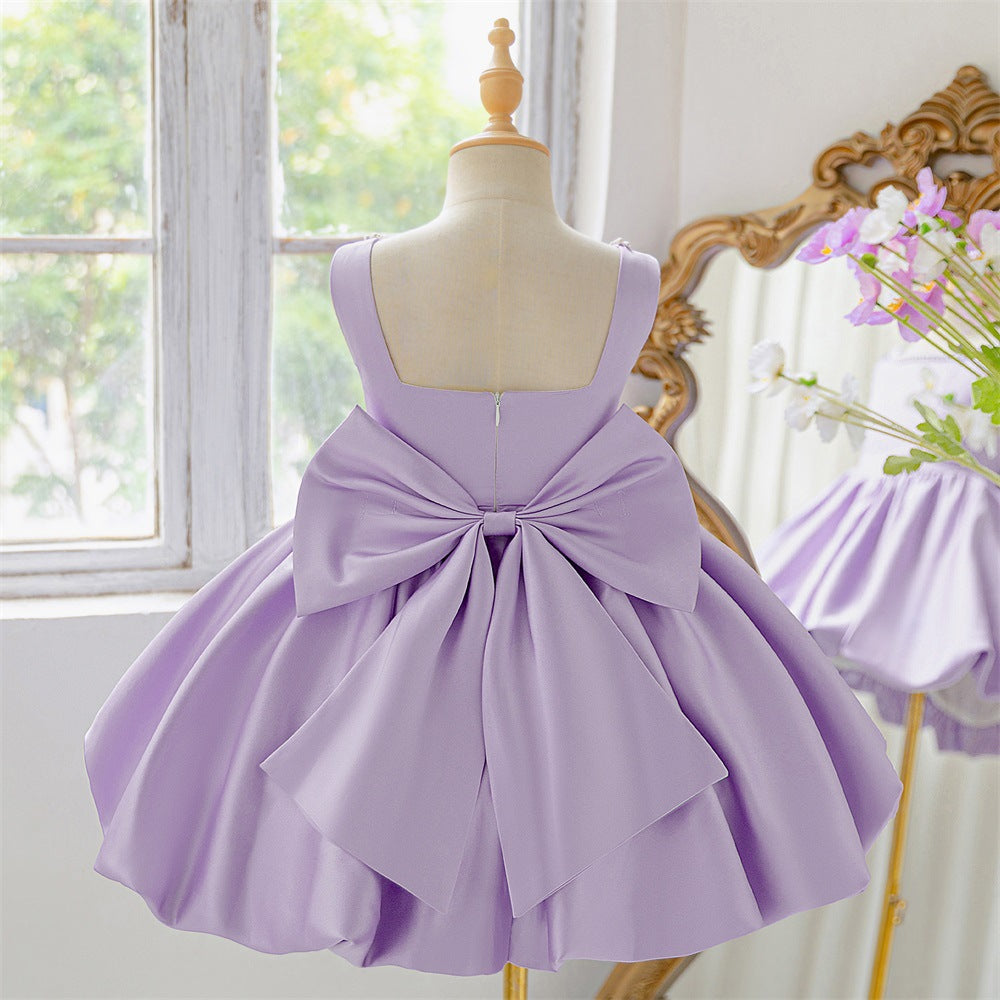 Puffy Bowknot Satin Flower Girl Dress – Princess Ball Gown for Kids