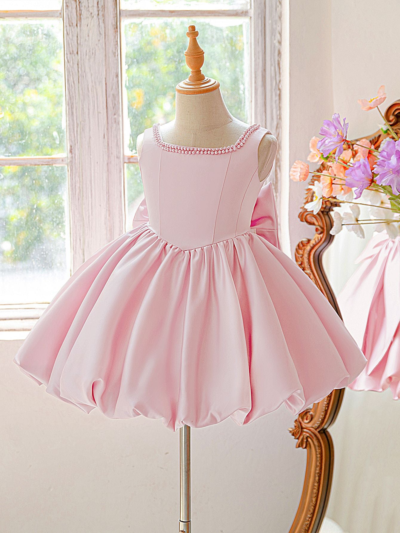 Puffy Bowknot Satin Flower Girl Dress – Princess Ball Gown for Kids