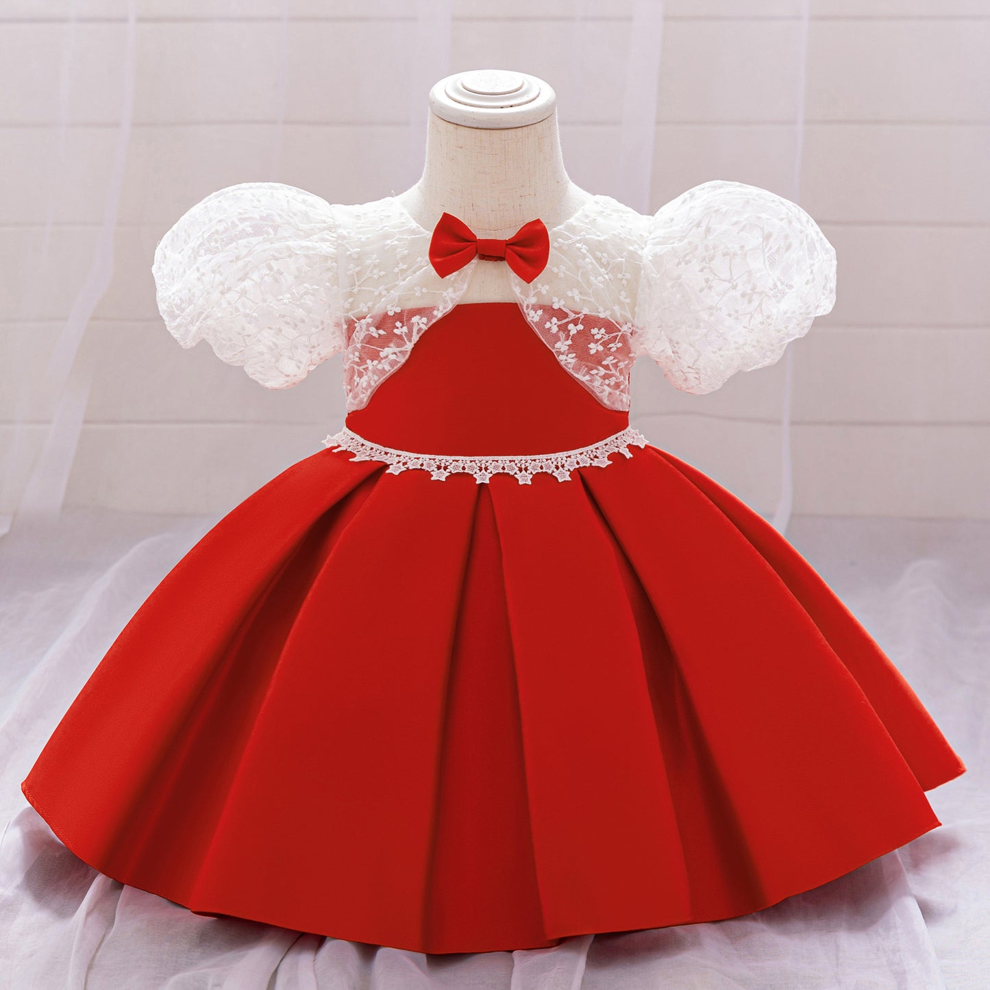 Red Puffy Satin Princess Ball Gown Dress for Girls | Embroidered Tea Length Formal Dress