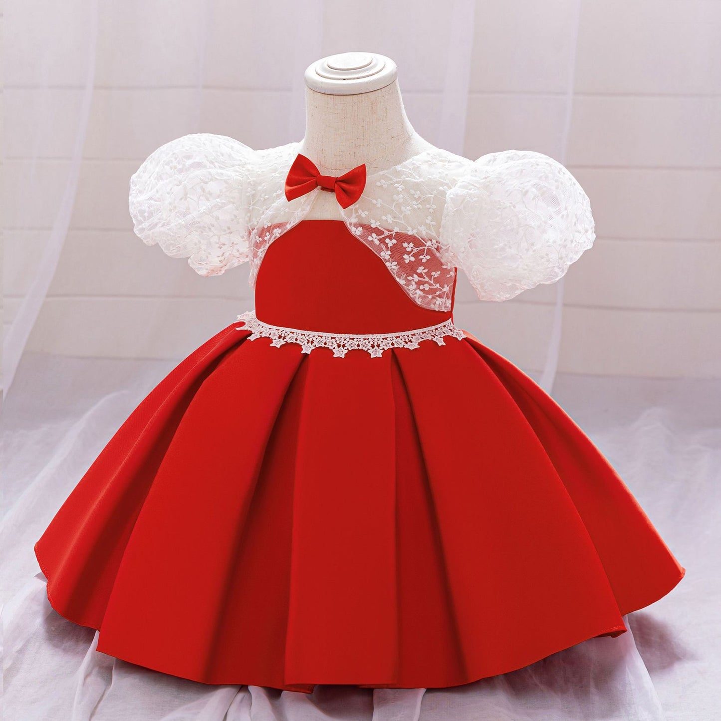 Red Puffy Satin Princess Ball Gown Dress for Girls | Embroidered Tea Length Formal Dress