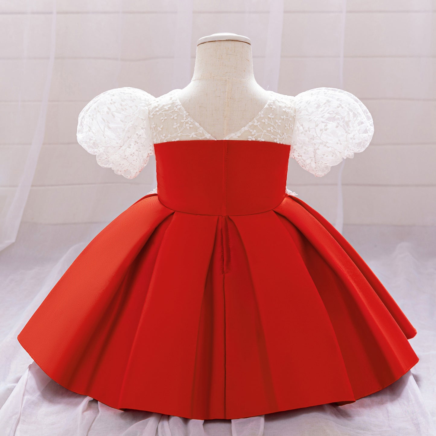 Red Puffy Satin Princess Ball Gown Dress for Girls | Embroidered Tea Length Formal Dress