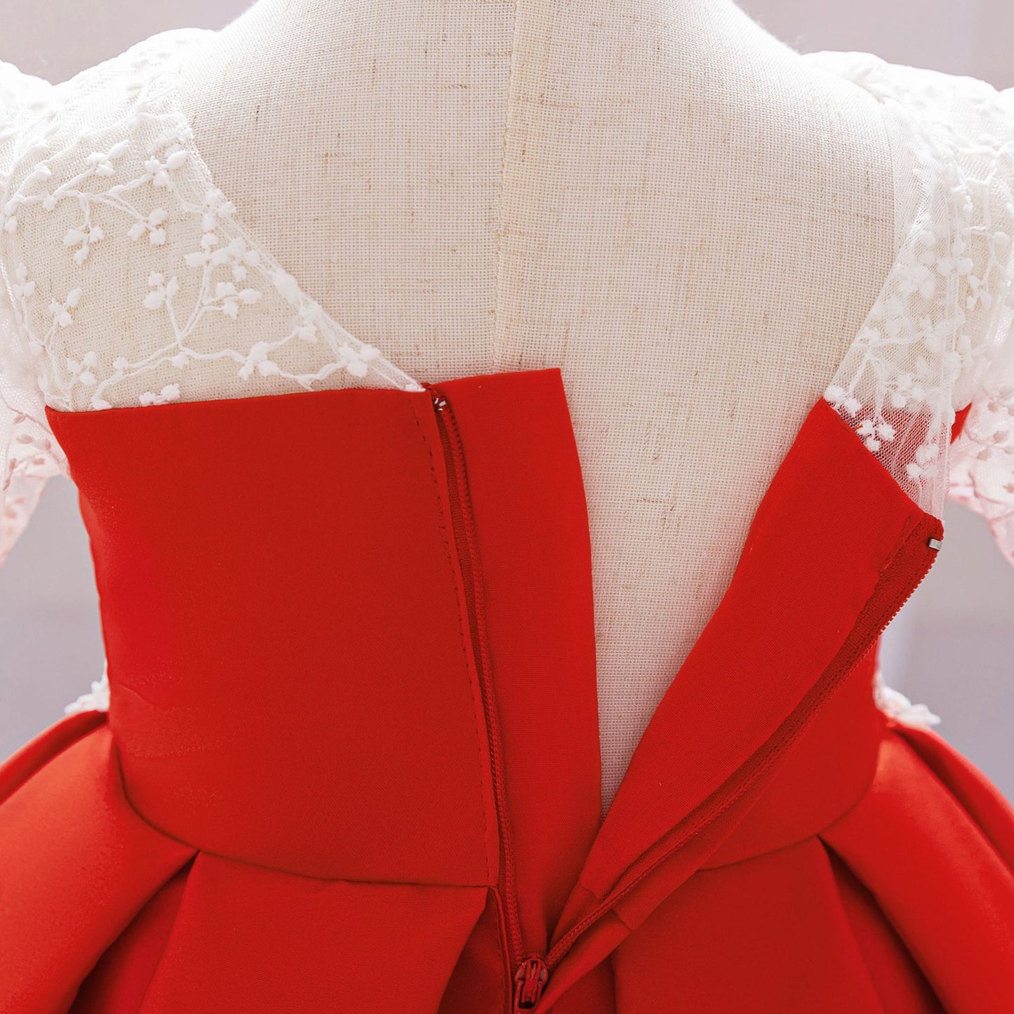 Red Puffy Satin Princess Ball Gown Dress for Girls | Embroidered Tea Length Formal Dress