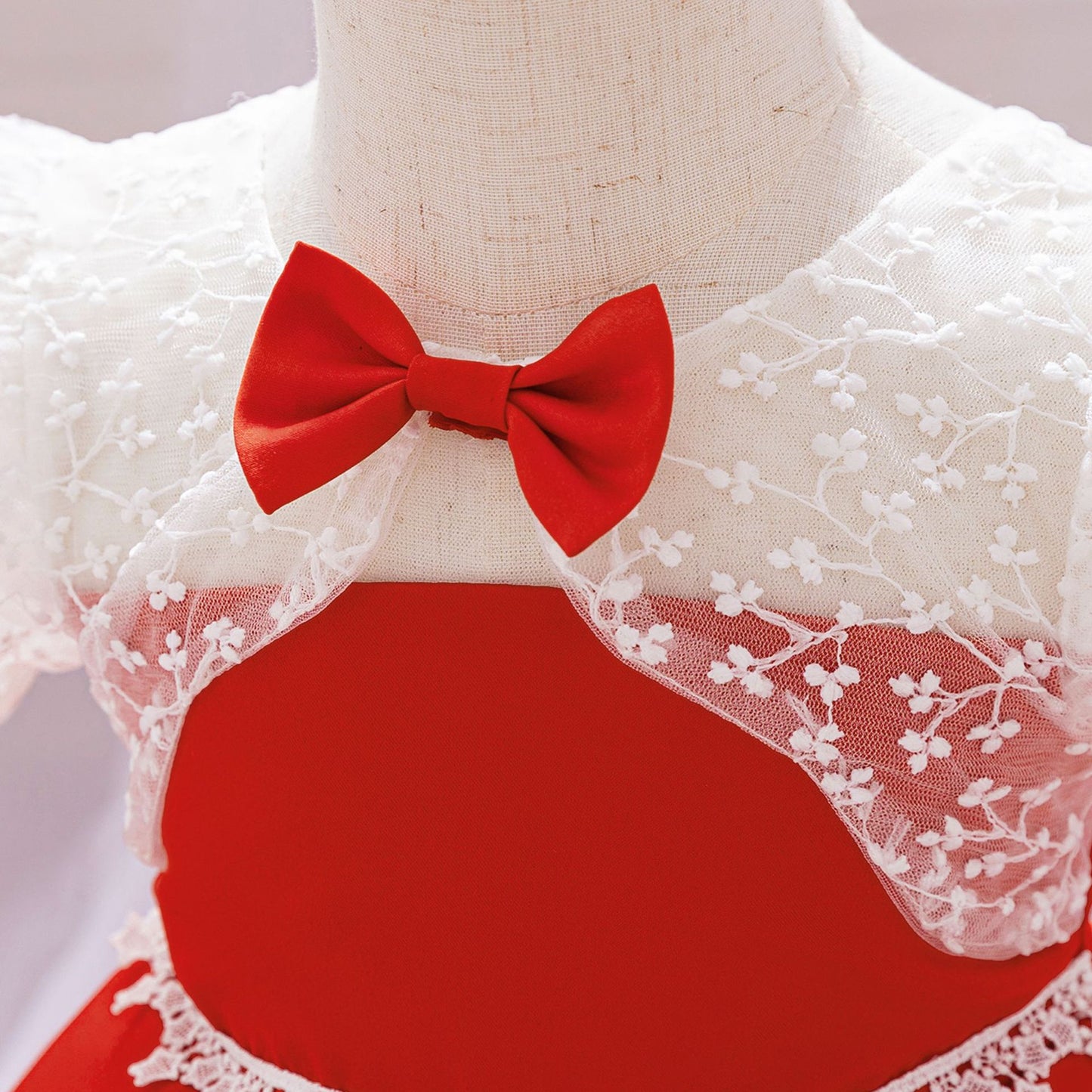 Red Puffy Satin Princess Ball Gown Dress for Girls | Embroidered Tea Length Formal Dress