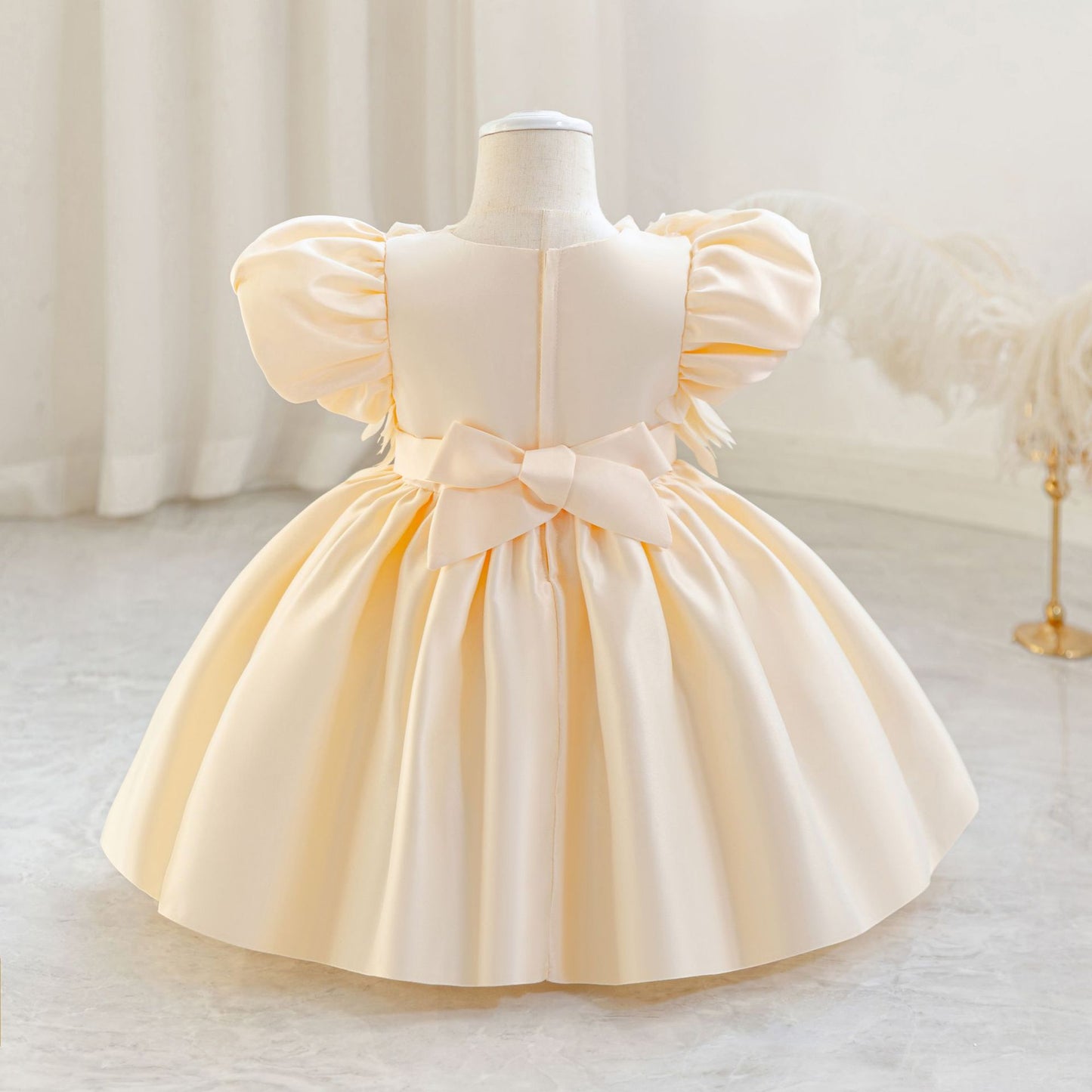 Puffy Sleeve Satin Flower Girl Dress | Kids Party & Birthday Outfit