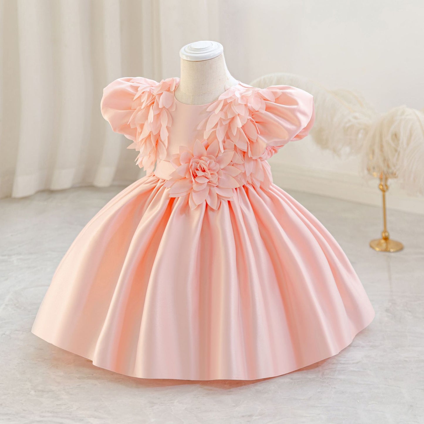 Puffy Sleeve Satin Flower Girl Dress | Kids Party & Birthday Outfit
