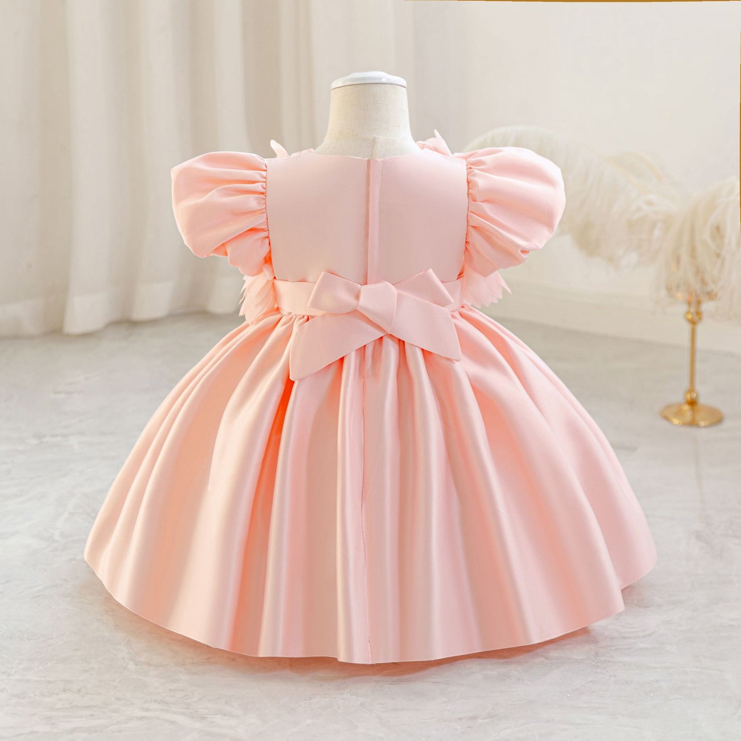 Puffy Sleeve Satin Flower Girl Dress | Kids Party & Birthday Outfit