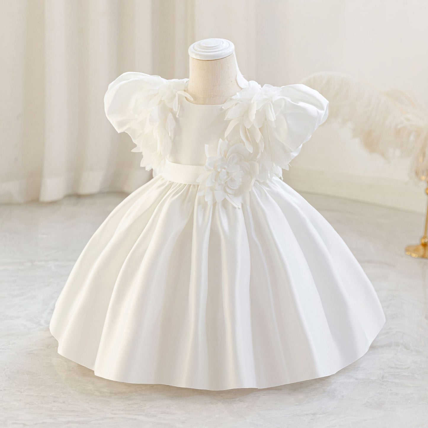 Puffy Sleeve Satin Flower Girl Dress | Kids Party & Birthday Outfit