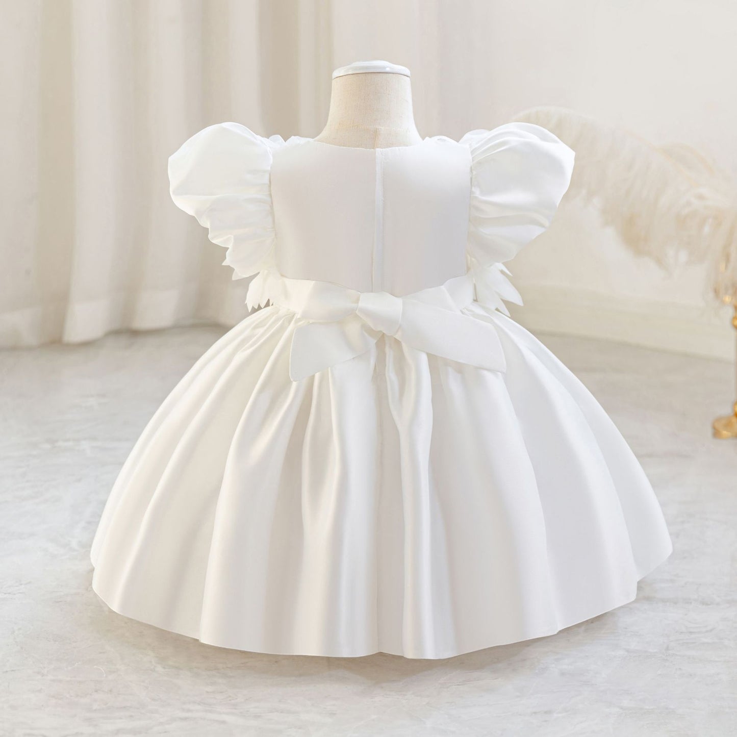 Puffy Sleeve Satin Flower Girl Dress | Kids Party & Birthday Outfit