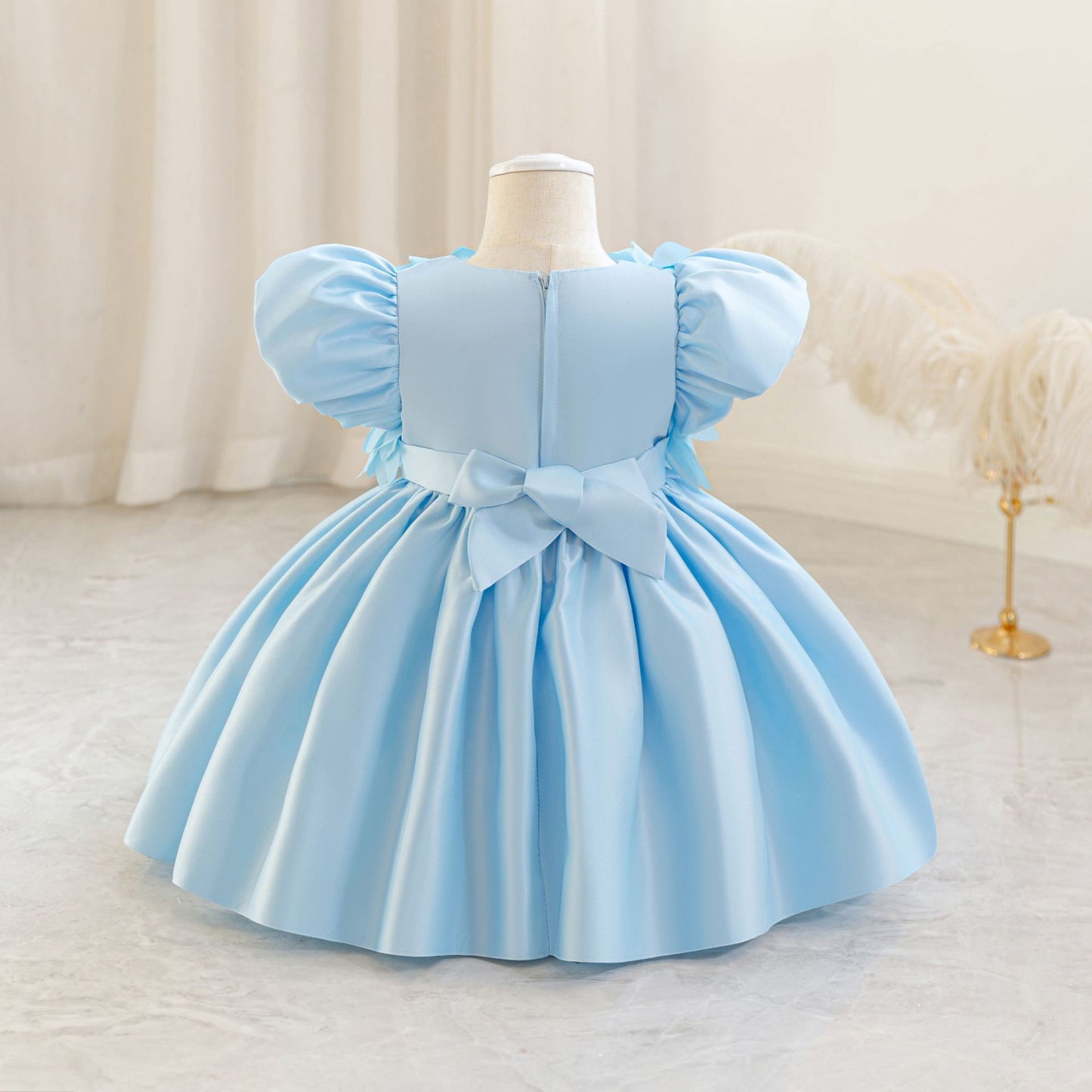 Puffy Sleeve Satin Flower Girl Dress | Kids Party & Birthday Outfit